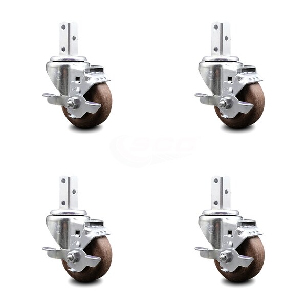 3.5 Inch High Temp Glass Filled Nylon 7/8 Inch Square Stem Caster Set with Brake